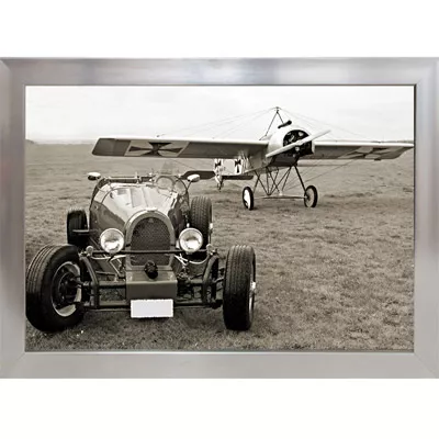 Vintage Wandbild historischer Rennwagen & Fokker Flugzeug Schwarz-weiß Bild 90x120