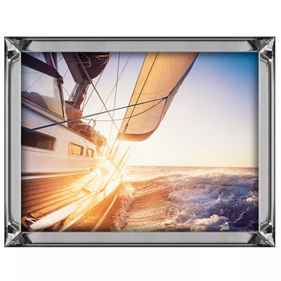 Wandbild Segelboot im Sonneruntergang Malerei Fotoleinwand im Rahmen 80x60 im Spiegelrahmen