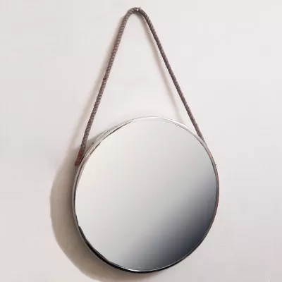Runder Spiegel Wandspiegel mit Haken aus Kordel Flurspiegel D50 H75 aus Nickel/Glas im Nickel Finish