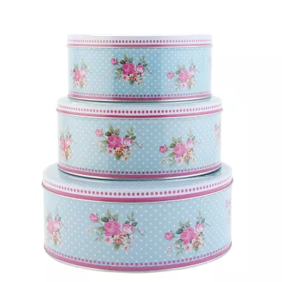 Clayre & Eef Schatulle 3er Set blau Blumen ca. Ø 19 x 8 cm / Ø 22 x 9 cm / Ø 25 x 10 cm