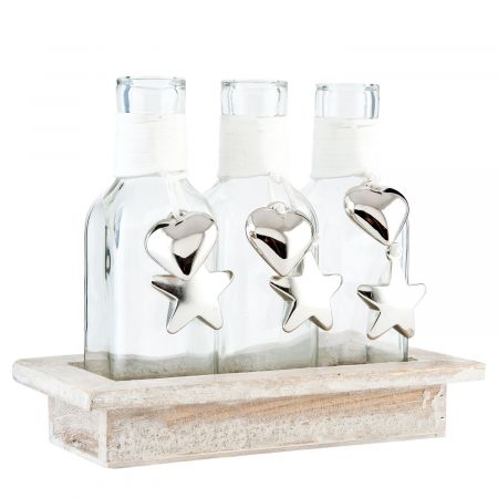 3 Bottles in wooden holder 19x9x15 cm