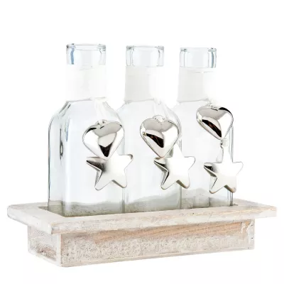 Clayre & Eef 3 Bottles in wooden holder 19x9x15 cm