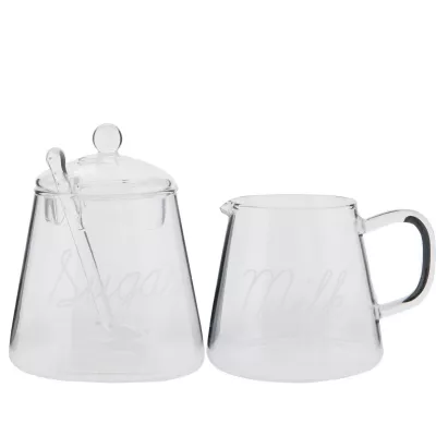 Clayre & Eef Zuckerdose Zuckertopf & Sahnegießer Milchgießer 2er Set Glas transparent