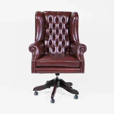 Chesterfield Bürostuhl in rotem Leder – "Roll Arm" Drehstuhl