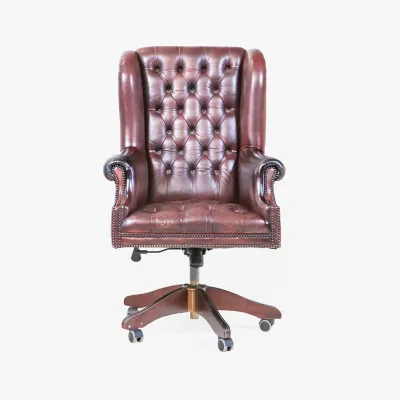 Vintage Chesterfield Bürostuhl Leder Rotbraun – "Roll Arm" Schreibtischstuhl aus England