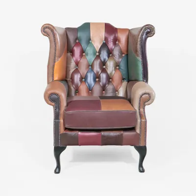 Chesterfield Sessel Modern – Bunter Ohrensessel "Scroll Wing Chair" im Patchwork Leder Design