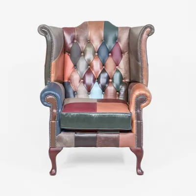 Chesterfield Ohrensessel "Scroll Wing Chair" aus Leder im Patchwork-Design