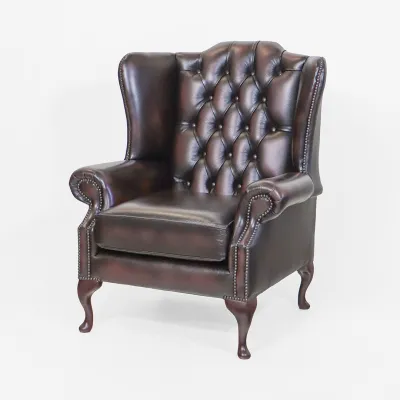 Chesterfield Ohrensessel Leder Braun – "Queen Anne"