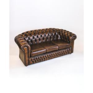 "Cambridge" Chesterfield Sofa, 3-Sitzer Ledercouch in Birch Antique Gold