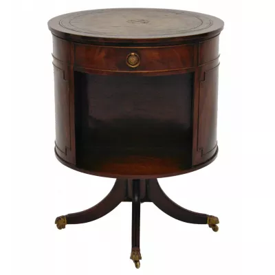 Antiker Mahagoni Leder Bücherregal Drum Tisch
