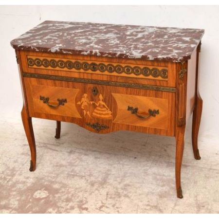 Antike schwedische Intarsien Kommode mit Marmor Oberfläche