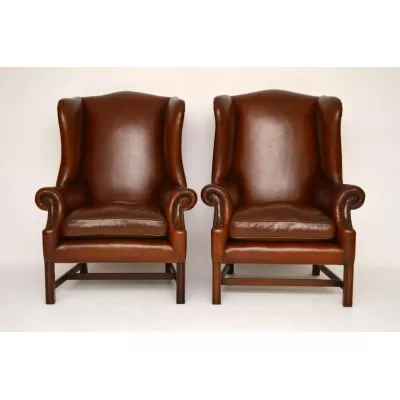 Antikes Paar Chippendale Ohren Leder Sessel
