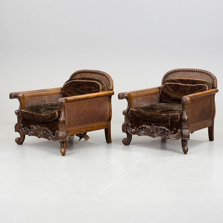 Antike geschnitzte Nussbaum Bergère Garnitur - 3 Stück