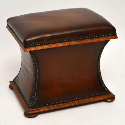 Antiker Victorian Leder-Mahagoni Hocker