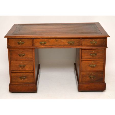 Antiker Victorian Nussbaum Leder Schreibtisch