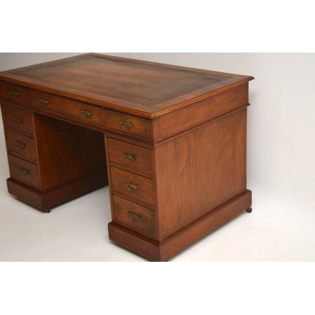 Antiker Victorian Nussbaum Leder Schreibtisch