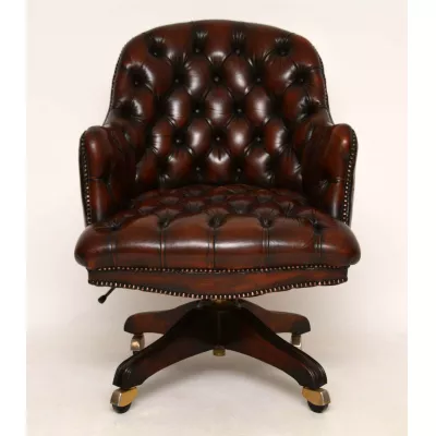 Antiker Victorian Leder Drehschreibtischsessel 