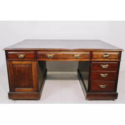 Englischer Mahagoni Pedestal Desk, Schreibtisch mit Lederfläche, Partners Desk