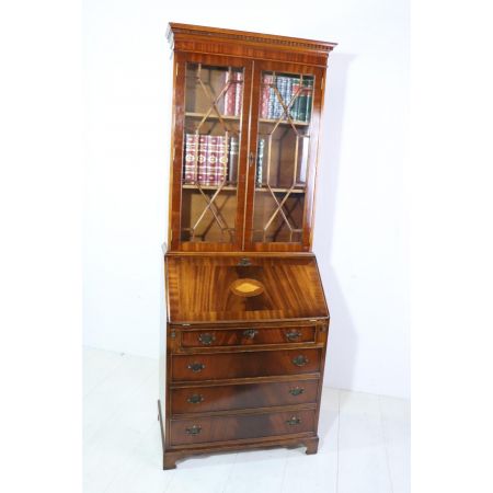 Englisches Bureau Bookcase in Flamed Mahogany, maritime Intarsie