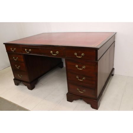 Großer antiker Mahagoni Partners Desk aus England, rotes Leder, ca. 1860