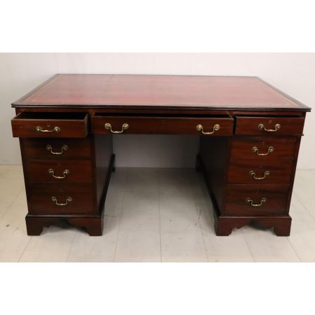 Großer antiker Mahagoni Partners Desk aus England, rotes Leder, ca. 1860