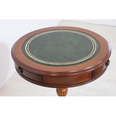 Handgefertigter Drum Table "Esher" in Eibe mit grünem Leder, englisch - sofort lieferbar