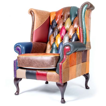 Chesterfield Ohrensessel "Fun Wing Chair" - Ledersessel mit Patchwork
