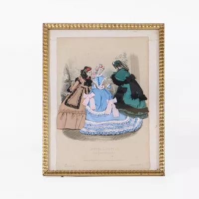 Französische Modeillustration – 3D-Bild mit handgenähten Stoffkleidern
