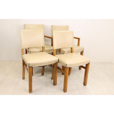 Originales Art déco Stuhlset, 4 Esszimmerstühle mit cremefarbenen Leder, ca. 1930
