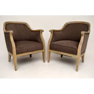 Pair of Antique Swedish Bleached Oak Upholstered Armchairs