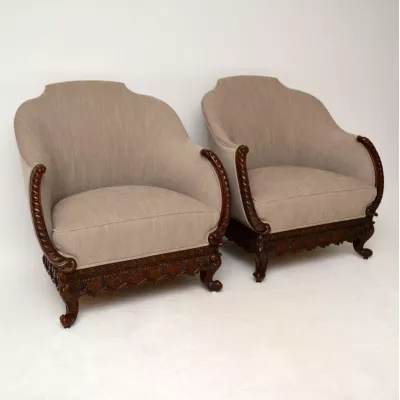 Pair of Antique Swedish Carved Mahogany Armchairs