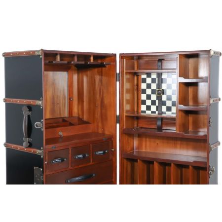 Retro Barschrank mit Schachbrett in Koffer Optik, schwarz