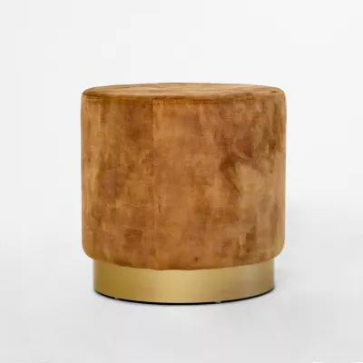 Luxuriöser Hocker in Hellbraun-Gold mit Samtbezug und goldenem Metall-Sockel