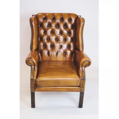 Vintage Chesterfield Ohrensessel in Goldbraun - Sofort lieferbar