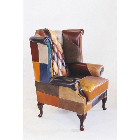 Chesterfield Ohrensessel "Fun Wing Chair" - Ledersessel mit Patchwork