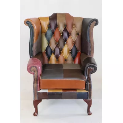 Chesterfield Ohrensessel "Fun Wing Chair" - Ledersessel mit Patchwork