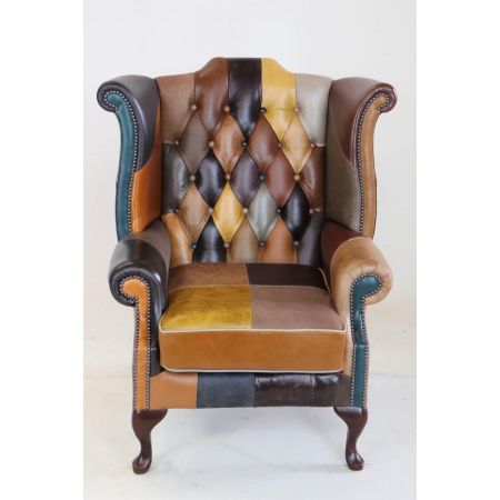 Chesterfield Ohrensessel "Fun Wing Chair" - Ledersessel mit Patchwork