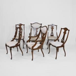 6er Satz edwardianischer Esszimmerstühle mit ungewöhnlichen Intarsien