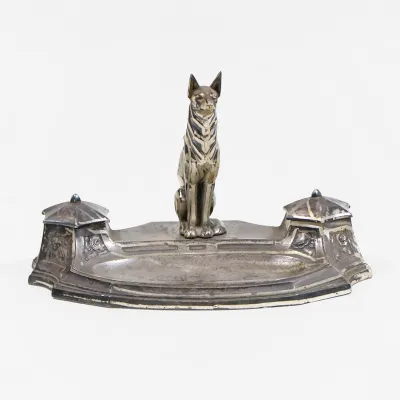 Art Déco Tintenfass mit Hund – französisches Schreibset aus Silber