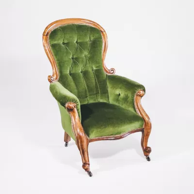 Victorian Ladies Chair, Viktorianischer Sessel mit grünem Samt, Cabriole Legs, Carfed Chair Button Back, Walnuss Massivholz