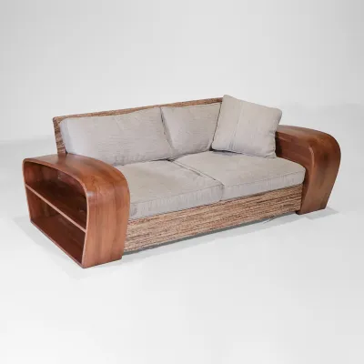 Vintage Art Deco Sofa Nussbaum mit Ablagen und Rattan Geflecht