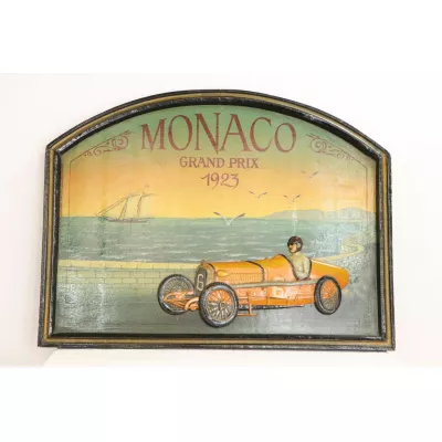 Vintage Werbeschild mit Rennsport-Motiv, handbemalt