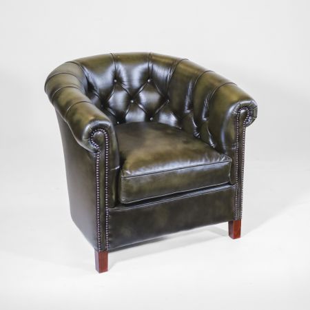 Chesterfield Clubchair "Diana" in Birch Antique Olive Rub Off Leather, Sessel aus robustem Leder