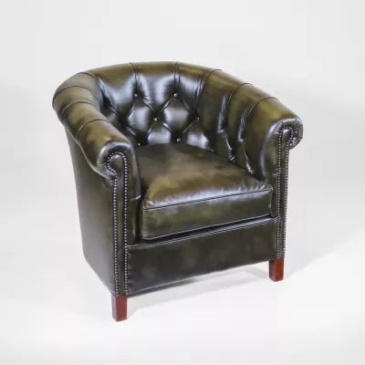 Chesterfield Sessel Clubchair "Diana" in Birch Antique Olive Rub Off Leather, Sessel aus robustem Leder