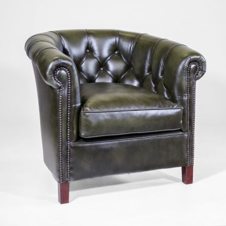 Englischer Clubsessel Grün, Chesterfield Clubsessel "Diana" in Birch Antique Olive Rub Off Leather, Sessel aus robustem Leder