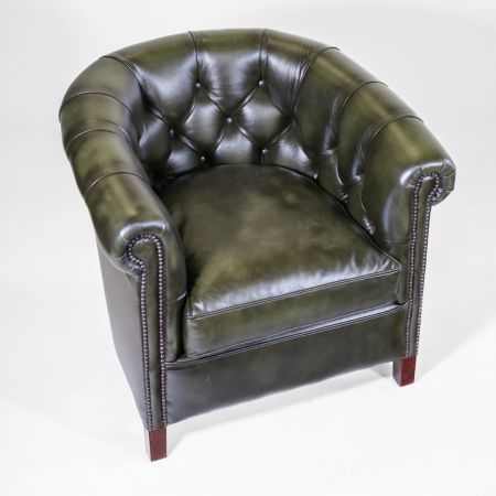 Englischer Clubsessel Grün, Chesterfield Clubsessel "Diana" in Birch Antique Olive Rub Off Leather, Sessel aus robustem Leder