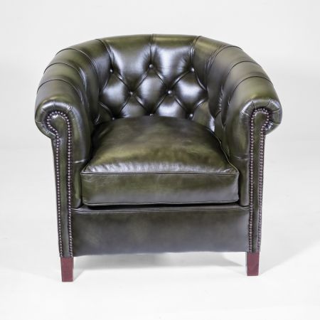 Englischer Clubsessel Grün, Chesterfield Clubsessel "Diana" in Birch Antique Olive Rub Off Leather, Sessel aus robustem Leder