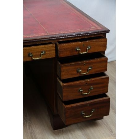 Partnerschreibtisch Massivholz Schreibtisch mit rotem Prägeleder