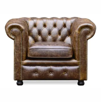 Chesterfield Sessel Austin Vintage Leder braun mit kompakter Form, Rautenheftung und Ziernagelreihe
