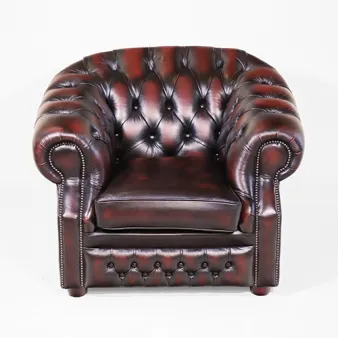 Chesterfield Sessel Livingston in dunklem Leder kompakter mit halbrunder Lehne und Ziernagelbesatz